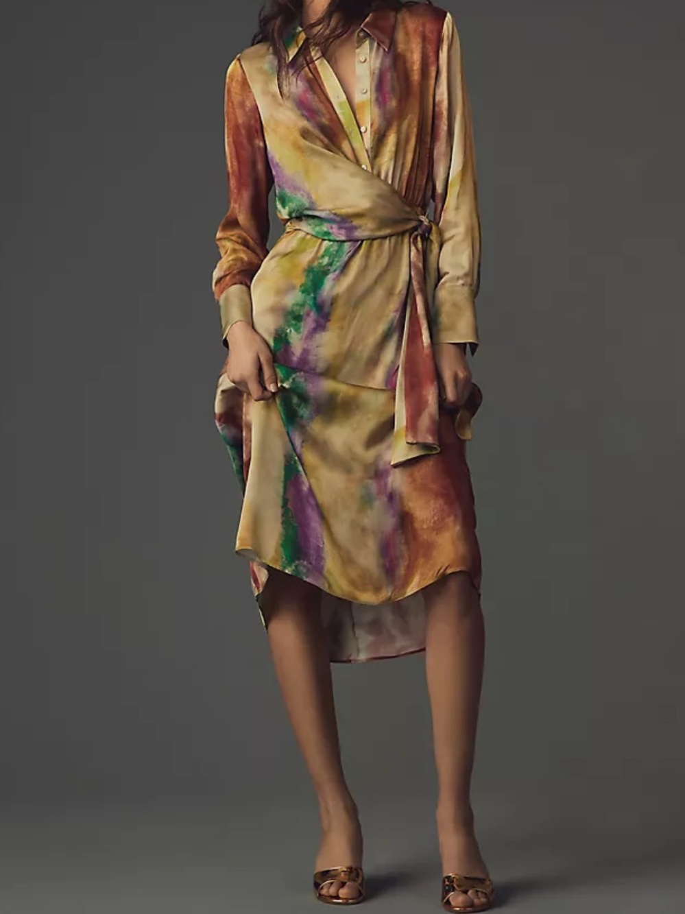 Anthropologie Long Sleeve Tie Front Midi Shirt Dress Viscose Tie Dye L